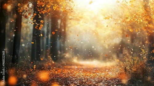 Golden Autumn Leaves Falling in a Forest Path photo