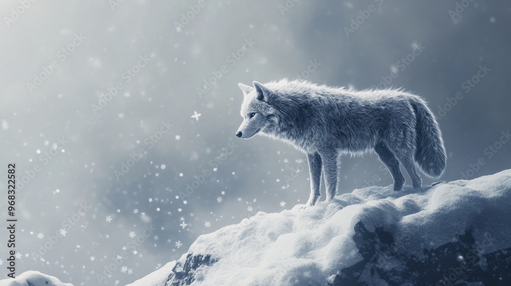 Obraz premium A wolf standing on a snowy hill, with the wind blowing snowflakes around its fur.