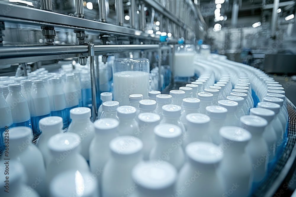 Obraz premium Milk Bottles on a Conveyor Belt in a Factory