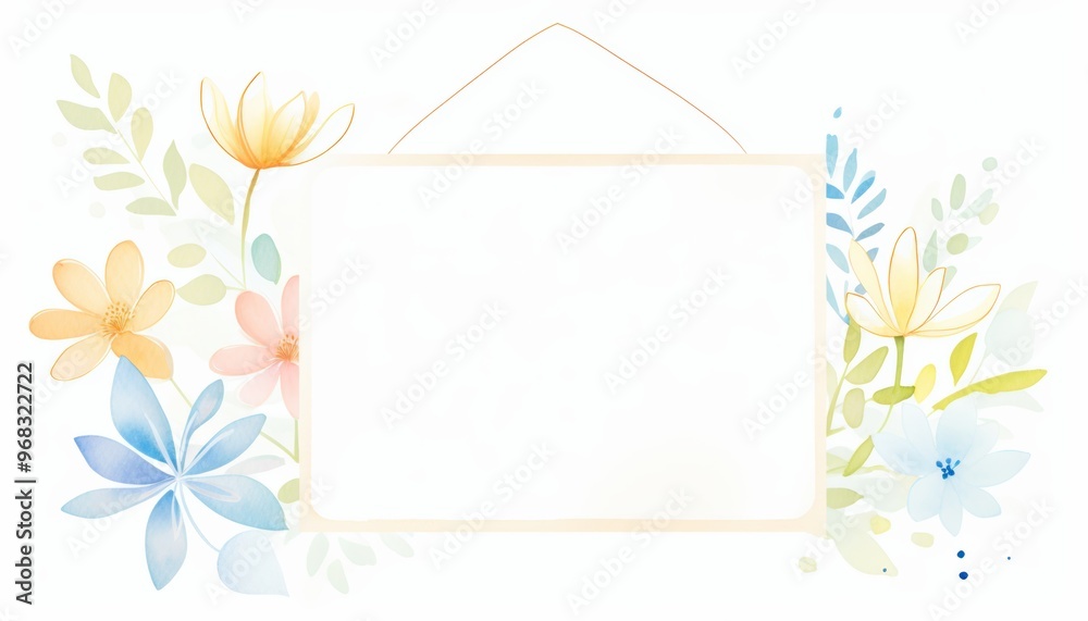 Charming illustration featuring a blank frame surrounded by soft watercolor flowers and leaves, perfect for custom invitations. Charming illustration featuring a blank frame surrounded by soft watercolor flowers and leaves, perfect for custom invitations.