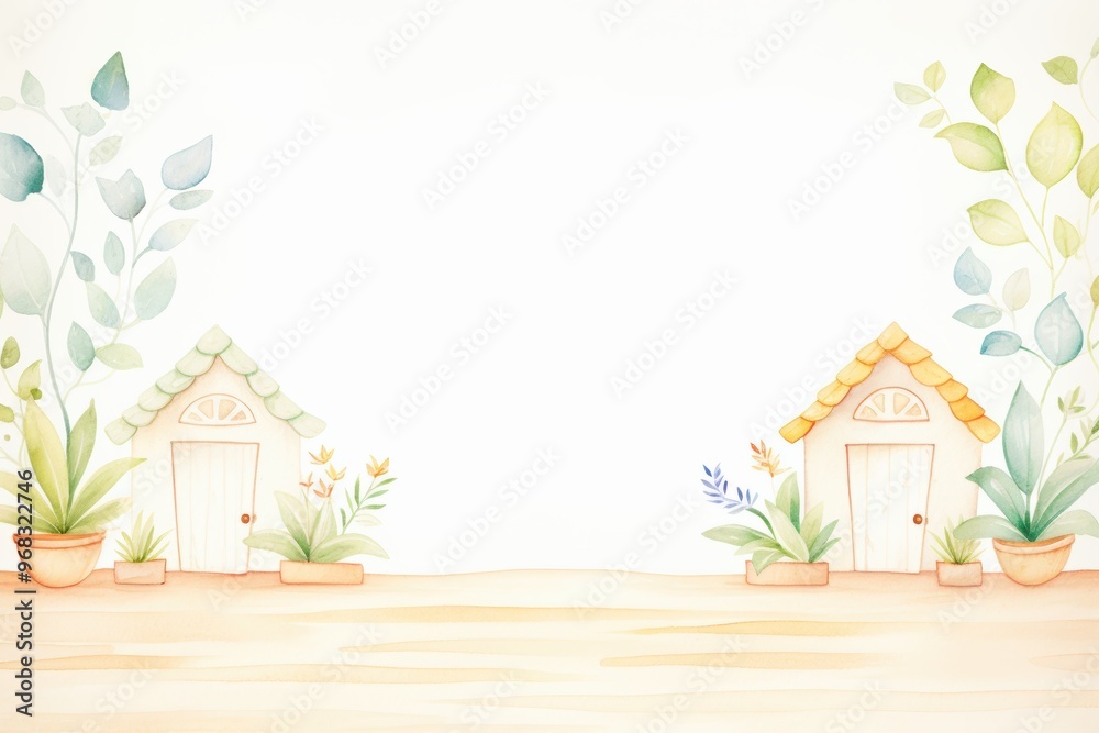 Charming watercolor illustration featuring two cozy houses with greenery, perfect for backgrounds and decorative designs. Charming watercolor illustration featuring two cozy houses with greenery, perfect for backgrounds and decorative designs.