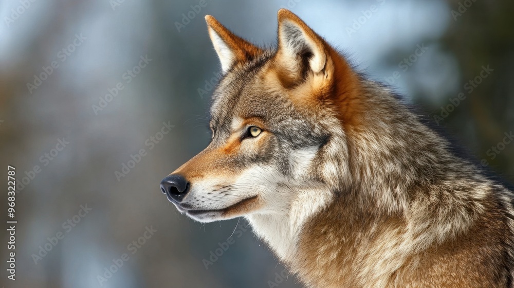 Fototapeta premium A wolf with its head turned, listening intently to sounds in the distance, ready to react.
