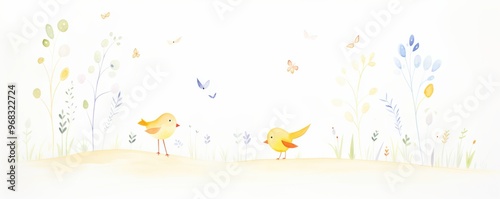 Charming illustration of yellow birds in a serene nature scene with whimsical flowers and soft colors, perfect for spring themes.