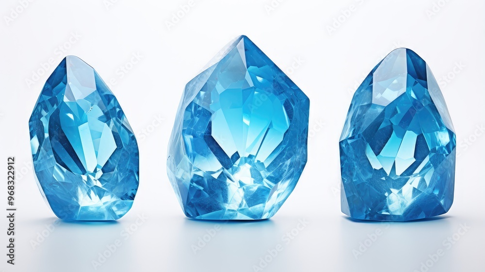 A trio of large, sparkling blue crystals reflecting light isolated on white background, showcasing their intricate facets and vibrant color. A trio of large, sparkling blue crystals reflecting light isolated on white background, showcasing their intricate facets and vibrant color.