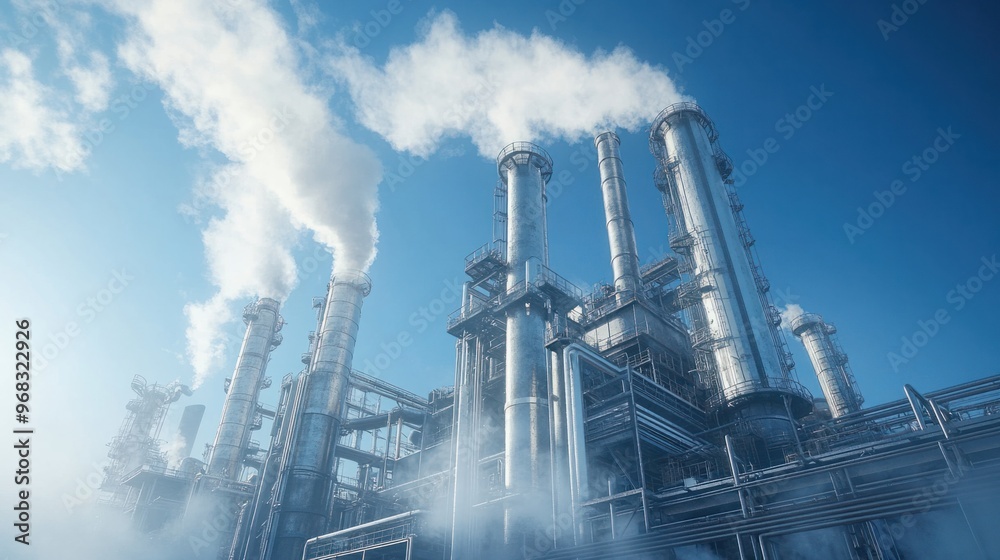 A modern oil refinery with massive pipes and chimneys releasing steam against a blue sky. A modern oil refinery with massive pipes and chimneys releasing steam against a blue sky.