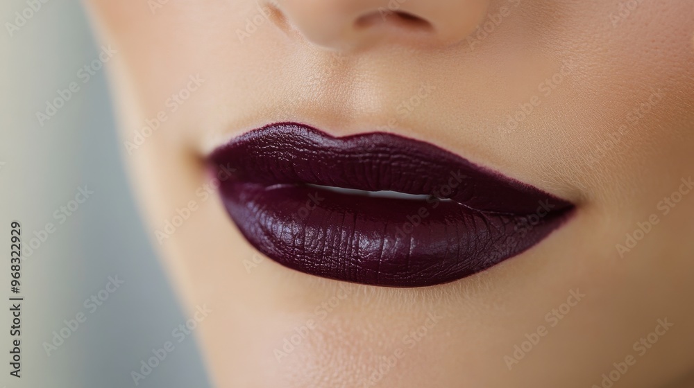 A woman lips pressed together after applying a deep plum lipstick, creating a smooth, even finish. A woman lips pressed together after applying a deep plum lipstick, creating a smooth, even finish.