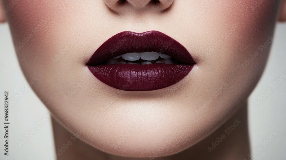 A woman lips pressed together after applying a deep plum lipstick, creating a smooth, even finish. A woman lips pressed together after applying a deep plum lipstick, creating a smooth, even finish.