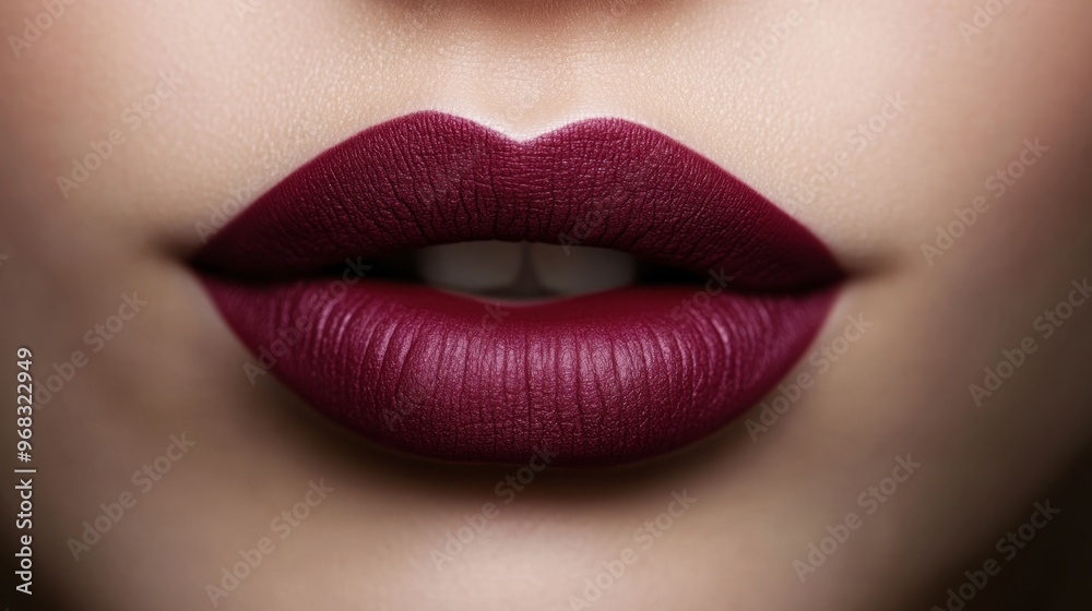 A woman lips pressed together after applying a deep plum lipstick, creating a smooth, even finish. A woman lips pressed together after applying a deep plum lipstick, creating a smooth, even finish.