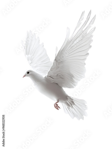 A white bird with a black beak flying in the air