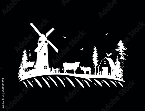 chalk sketch on black background of farm yard with mill and cows vector graphics. cows grazing on the field vector silhouette