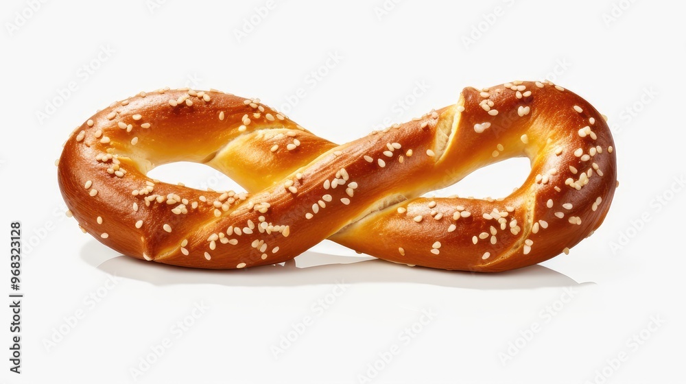 A twisted pretzel shaped like an infinity symbol, sprinkled with sesame seeds isolated on white background, showcasing a delicious snack option. A twisted pretzel shaped like an infinity symbol, sprinkled with sesame seeds isolated on white background, showcasing a delicious snack option.