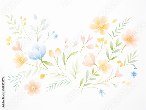 Delicate floral pattern featuring soft pastel colors and various botanicals on a clean white background.