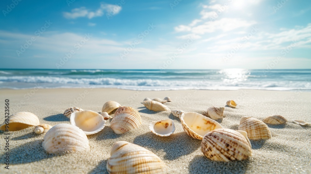Seashells scattered across the sand on a deserted beach, with the ocean just visible in the distance. Seashells scattered across the sand on a deserted beach, with the ocean just visible in the distance.