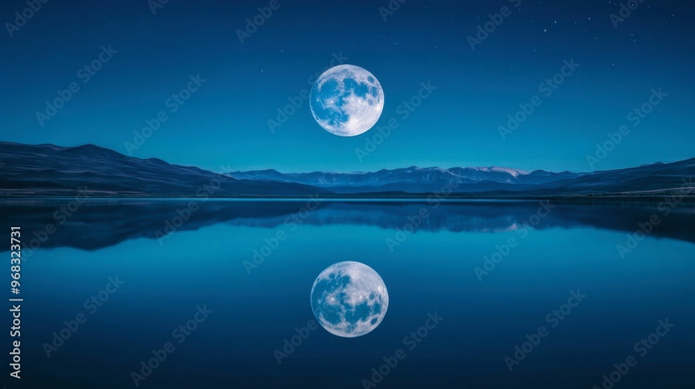 The Moon reflected on the surface of a calm lake, creating a serene and peaceful scene. The Moon reflected on the surface of a calm lake, creating a serene and peaceful scene.