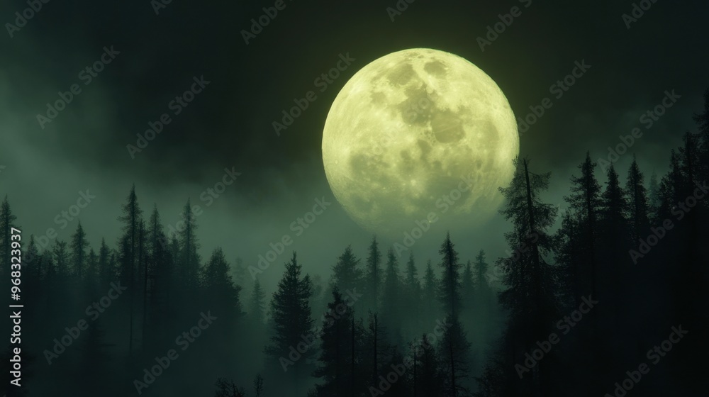 Fototapeta premium The Moon setting over a forest, with the trees creating a dark silhouette against the bright orb.