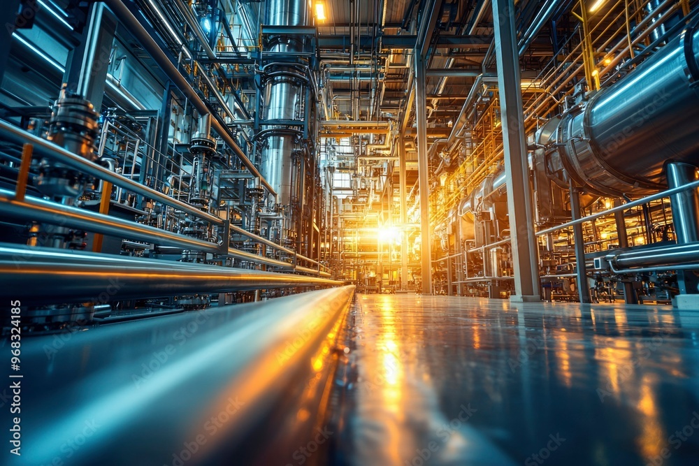 Fototapeta premium Industrial Interior with Steel Pipes and Glowing Lights