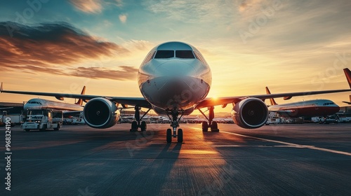 An airplane at sunset on an airport runway, highlighting travel and aviation.