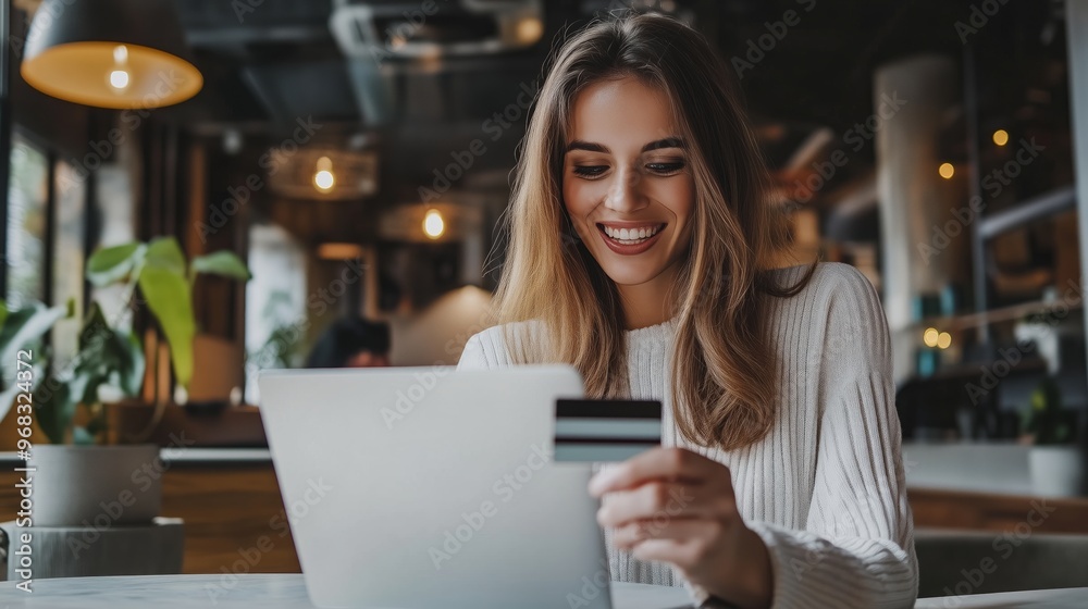 A smiling woman happily shopping online with a credit card in a cozy café setting during the afternoon A smiling woman happily shopping online with a credit card in a cozy café setting during the afternoon