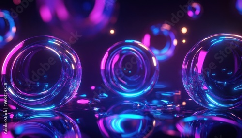 Abstract Neon Spheres with Glowing Circles