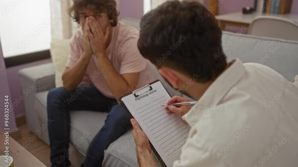 Man talking to distressed man in an indoor living room setting while taking notes in a psychology journal Man talking to distressed man in an indoor living room setting while taking notes in a psychology journal