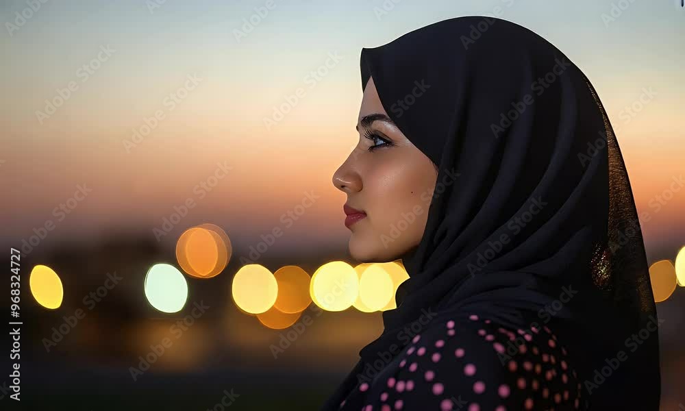 Woman in Profile with Sunset and City Lights Woman in Profile with Sunset and City Lights