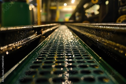 Close-up of a Metal Grate with Water Droplets and Bokeh Lights photo