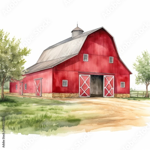 Watercolor Illustration of a Classic Red Barn with Trees in Rural Countryside