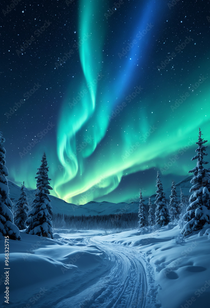 Naklejka premium Northern Lights Aurora Borealis in night sky over snow covered fir forest with empty country road high in snowy Alpine mountains at nighttime. With no people arctic winter landscape 3D illustration.