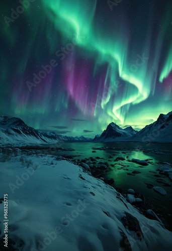 Dramatic night sky with colorful Northern Lights Aurora Borealis flashes over snowy mountains and frozen mount river at polar nighttime. With no people serene nordic winter landscape 3D illustration.