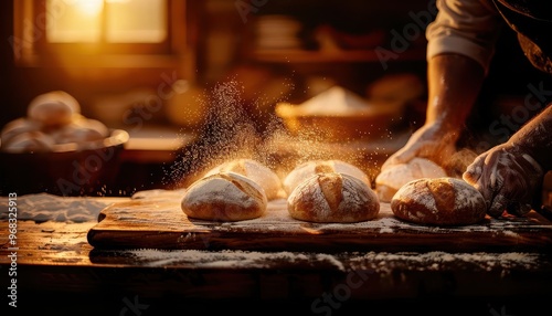 Baking bread in a rustic kitchen, fresh and inviting, Culinary, Warm tones, Photograph, Homemade delight photo