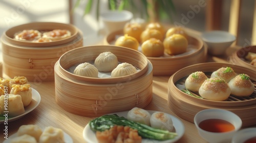 Assorted Steamed Buns and Dumplings in Bamboo Steamers on Wooden Table