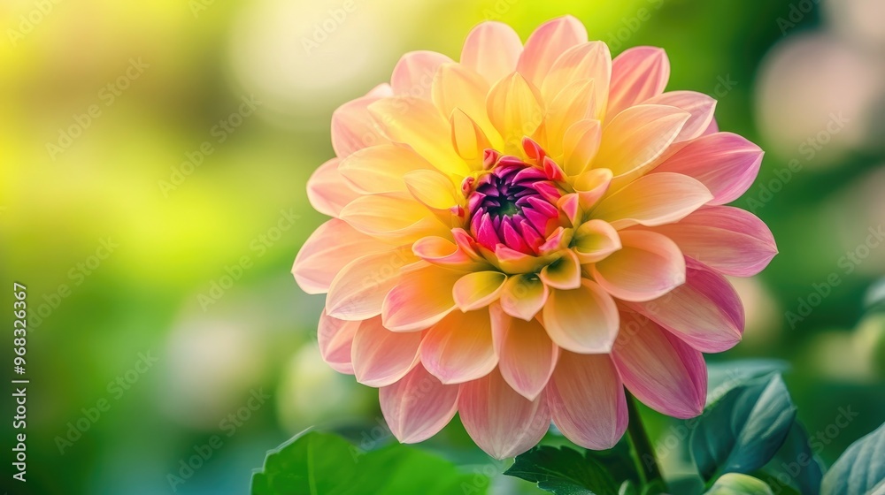 Fototapeta premium Close-up view of a vibrant, colorful flower blooming in the garden, with delicate petals and natural details, set against lush green foliage