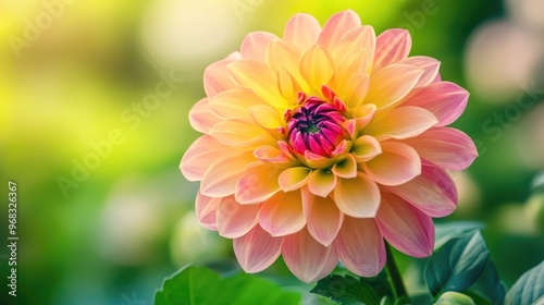 Close-up view of a vibrant, colorful flower blooming in the garden, with delicate petals and natural details, set against lush green foliage