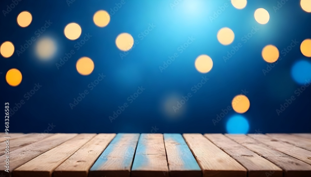 Wooden planks on a blurred blue background with bokeh lights Wooden planks on a blurred blue background with bokeh lights