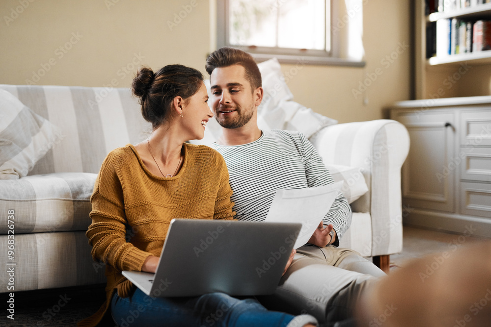 Laptop, application and documents with couple in living room for investment portfolio, planning and bank loan. Future, technology and partnership with man and woman in home for real estate research Laptop, application and documents with couple in living room for investment portfolio, planning and bank loan. Future, technology and partnership with man and woman in home for real estate research