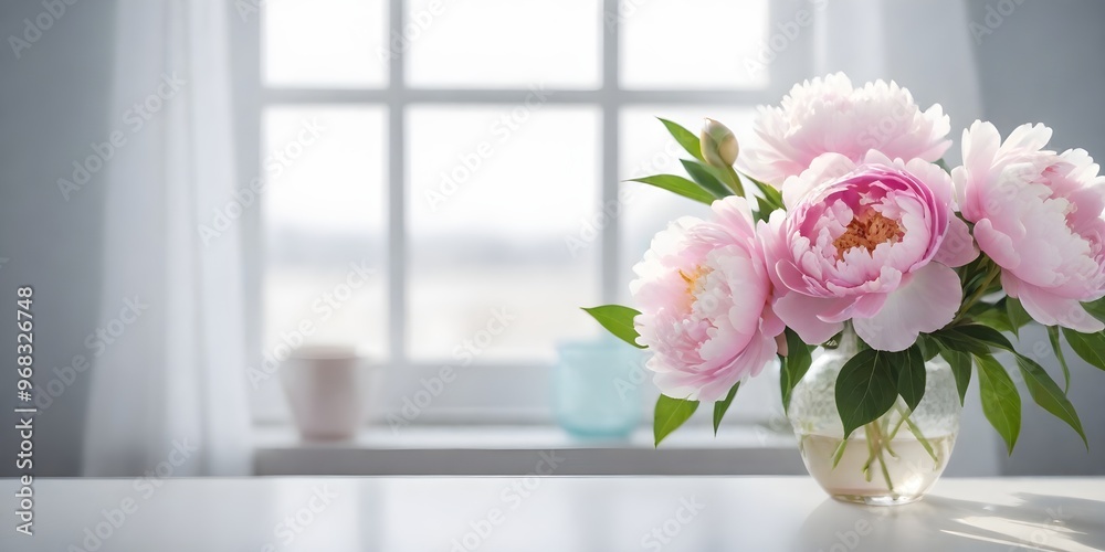A bouquet of pink peonies in a vase on a windowsill with a blurred background A bouquet of pink peonies in a vase on a windowsill with a blurred background
