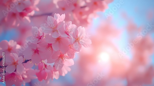 A beautiful spring scene featuring delicate pink cherry blossoms against a soft blue sky, evoking feelings of tranquility and renewal.