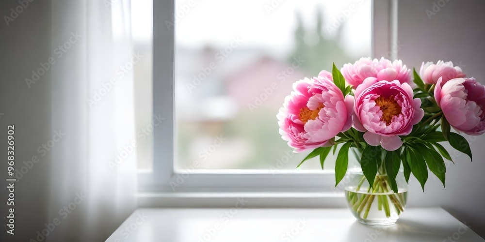A bouquet of pink peonies in a vase on a windowsill with a blurred background A bouquet of pink peonies in a vase on a windowsill with a blurred background