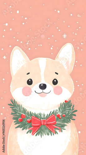 Dog with Christmas Wreath Around Neck

