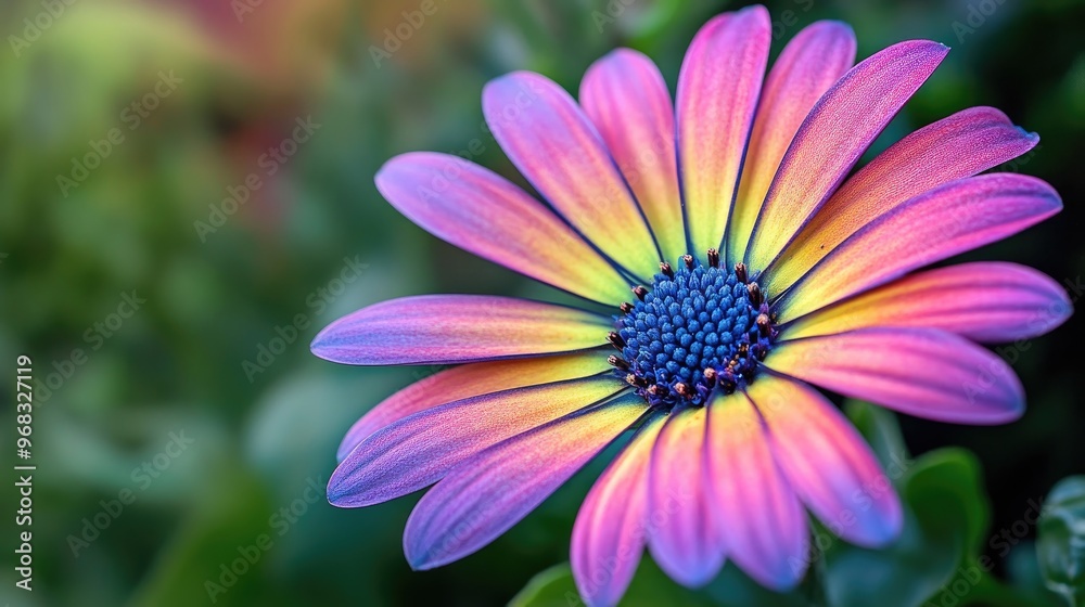 Macro view of a colorful flower in the garden, highlighting its delicate petals and rich, vibrant hues, surrounded by natural greenery Macro view of a colorful flower in the garden, highlighting its delicate petals and rich, vibrant hues, surrounded by natural greenery