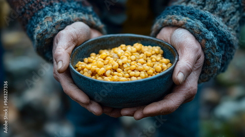 hands compassionately offers a plate of nourishing food, symbolizing kindness, support, and generosity. The image conveys care, community, and the spirit of volunteerism photo