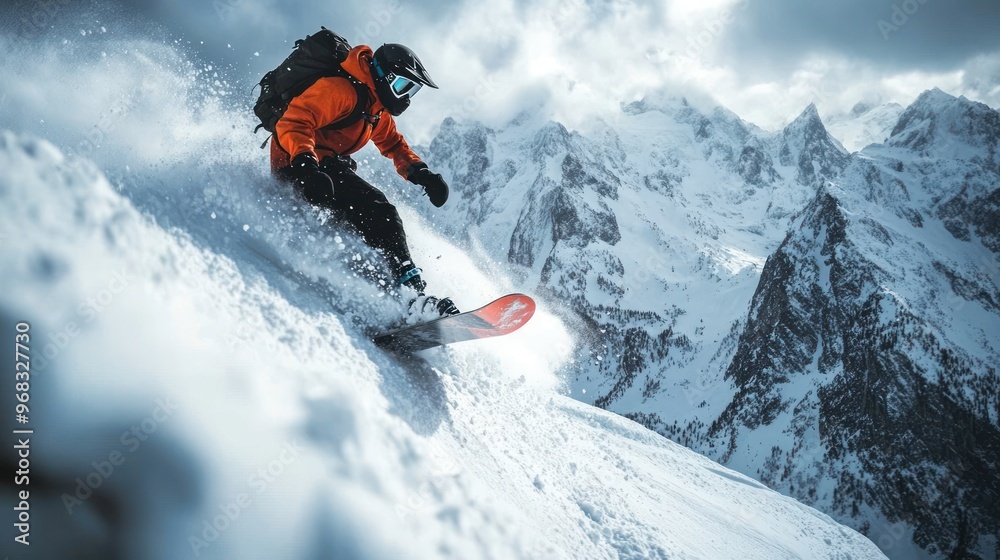 Snowboarder Descending Mountainous Terrain Snowboarder Descending Mountainous Terrain
