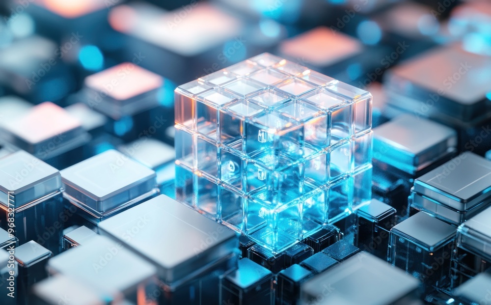 Abstract 3D Rendering of Glass Cube on a Digital Surface Abstract 3D Rendering of Glass Cube on a Digital Surface
