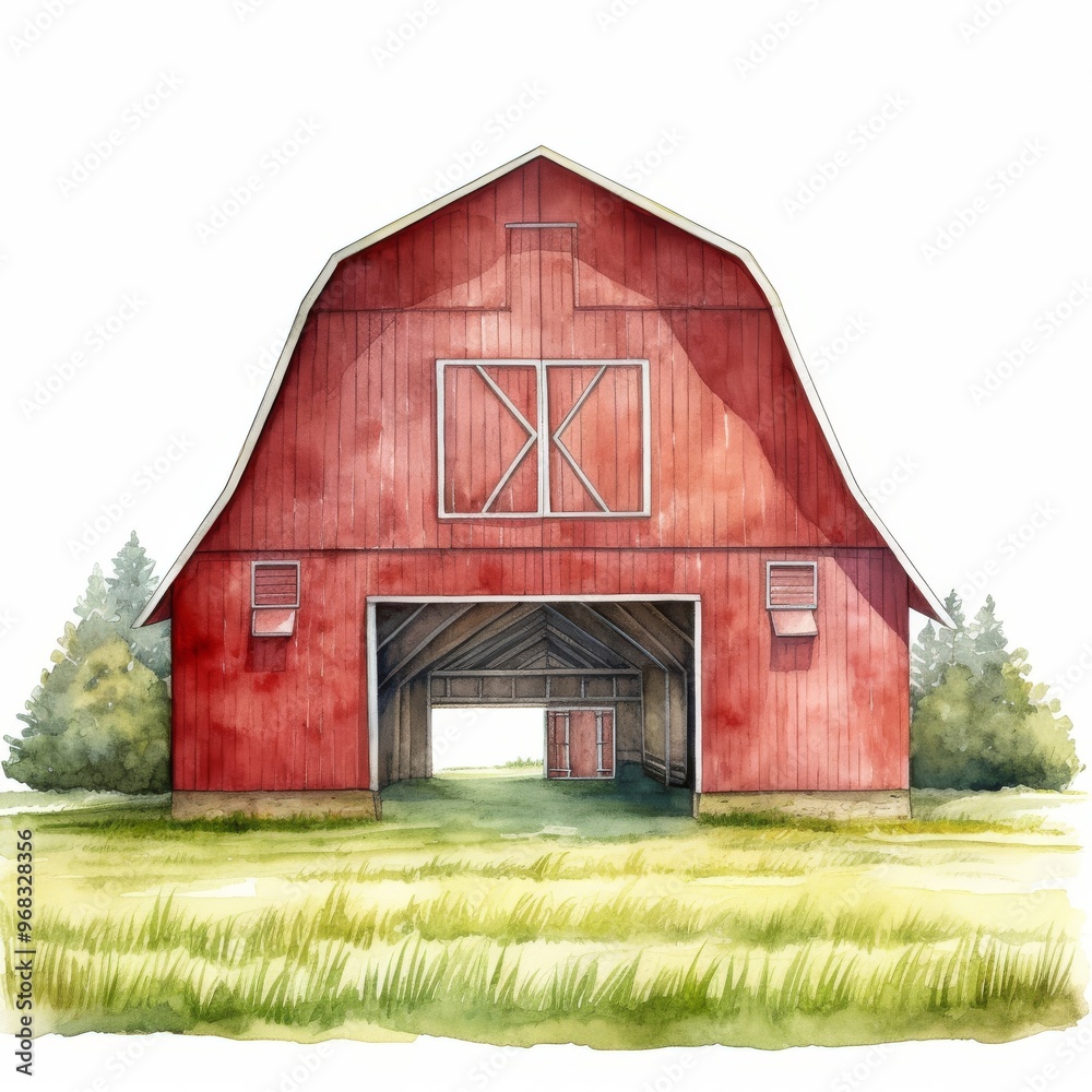 Obraz premium Charming Red Barn Illustration in Rural Countryside on a Sunny Day