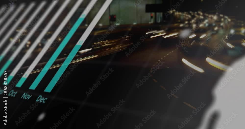 Animation of digital data processing over traffic in city