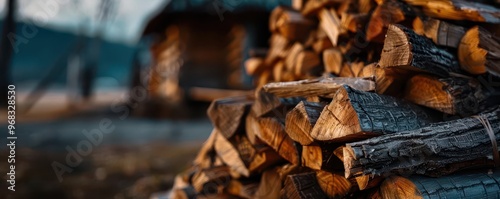 Firewood stack by a rustic cabin, cozy and practical, Rural, Earth tones, Photograph, Country detail