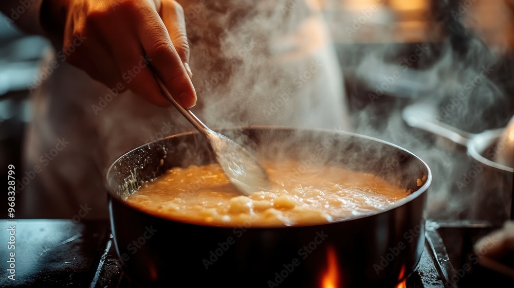 A chef skillfully stirs a steaming pot, creating a delicious meal in a cozy kitchen setting, full of warm light and culinary aromas. A chef skillfully stirs a steaming pot, creating a delicious meal in a cozy kitchen setting, full of warm light and culinary aromas.