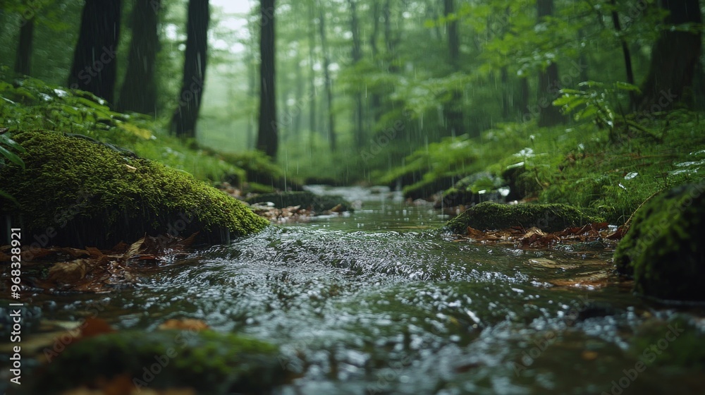 A Moss-Covered Stream Flowing Through a Lush Green Forest During Rain A Moss-Covered Stream Flowing Through a Lush Green Forest During Rain