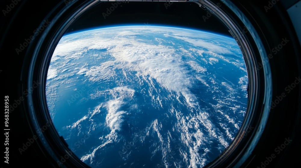 View of Earth from a spacecraft window, showcasing clouds and ocean.
