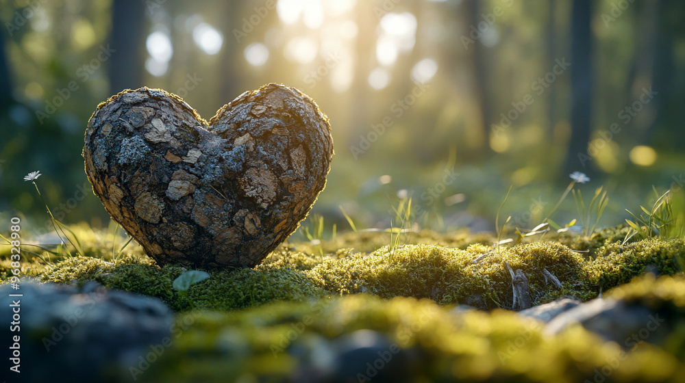 wooden heart rests on a lush mossy forest floor, symbolizing the connection between nature and human emotions, emphasizing harmony, love, and tranquility in a serene natural environment wooden heart rests on a lush mossy forest floor, symbolizing the connection between nature and human emotions, emphasizing harmony, love, and tranquility in a serene natural environment